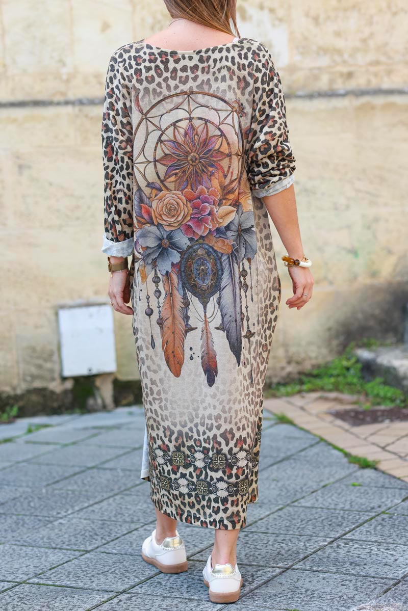 Midi dress with leopard print, flowers, dreamcatchers and sequin