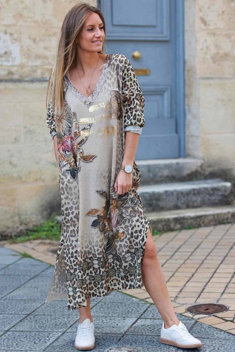 Vestido midi suave y brillante con estampado de flores de leopardo y atrapasueños con cuello de lentejuelas