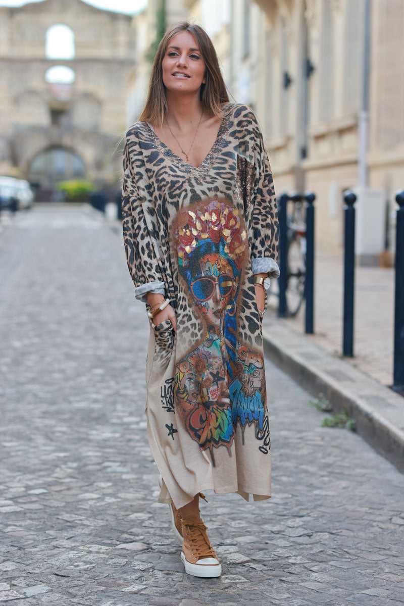 Midi dress with leopard, face tattoos and graffiti print