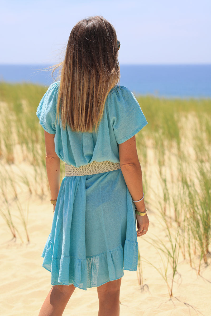 Turquoise cotton midi dress with elasticated bardot collar