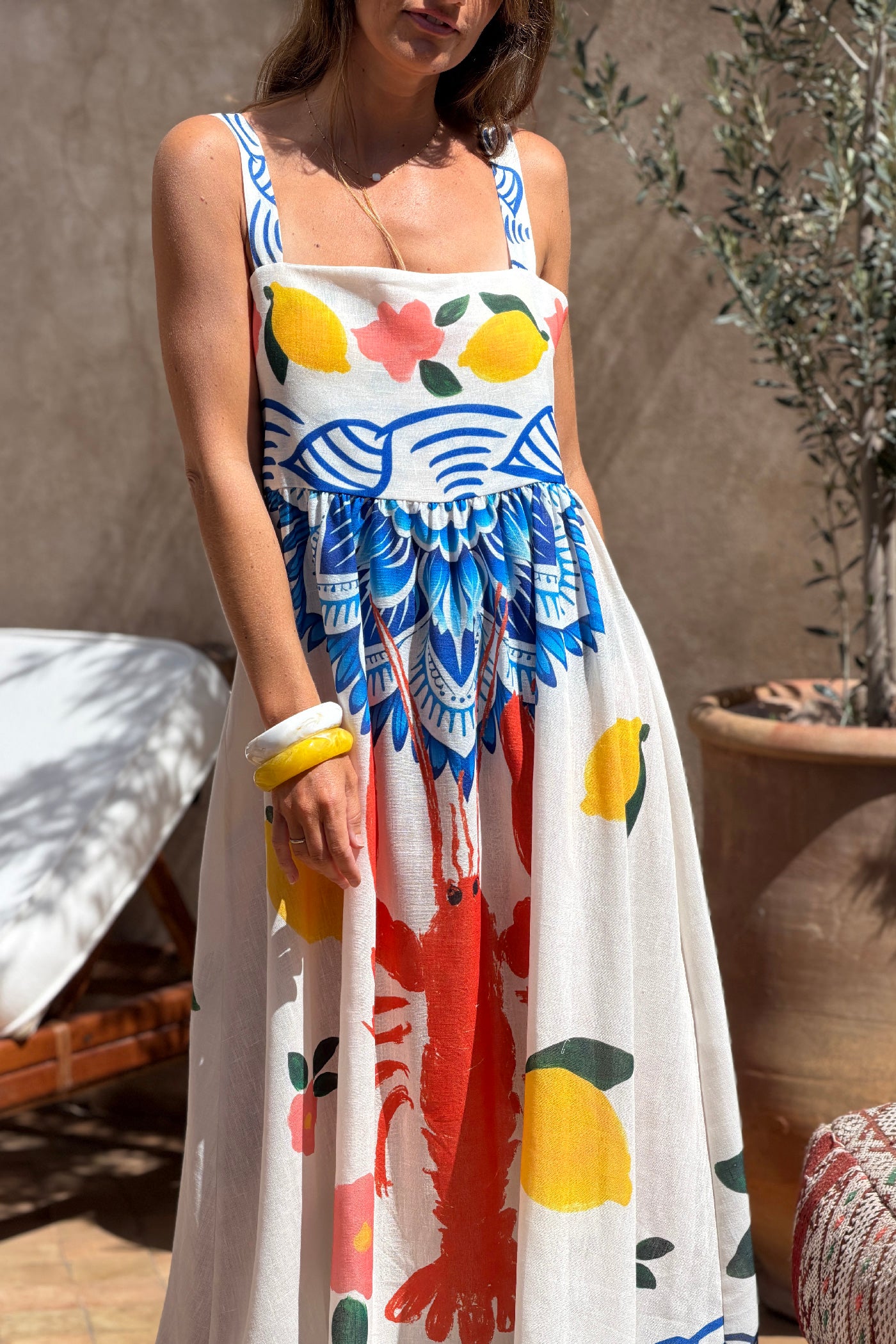Robe midi à bretelles imprimé coloré homard citron et mandala