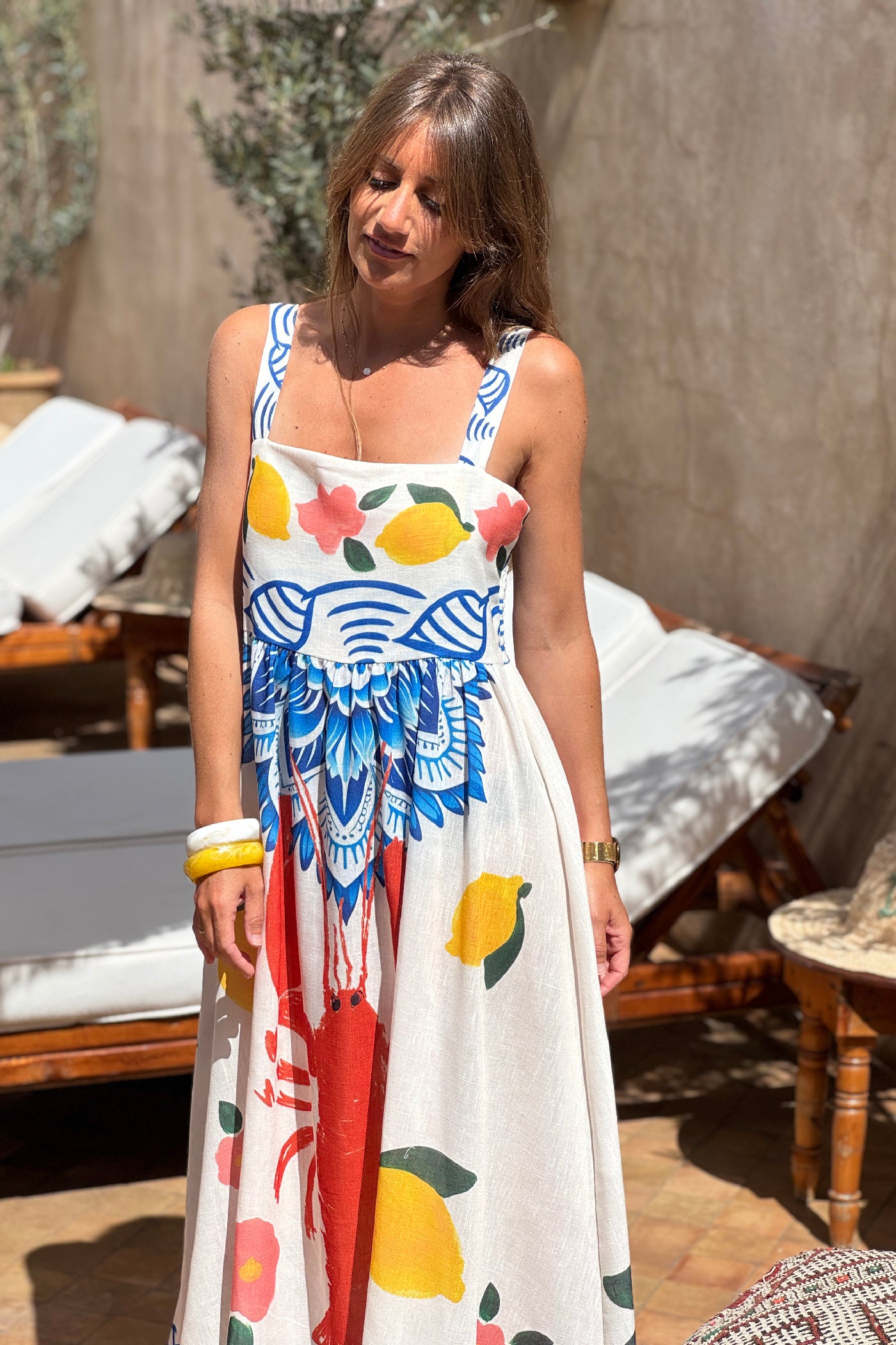 Robe midi à bretelles imprimé coloré homard citron et mandala
