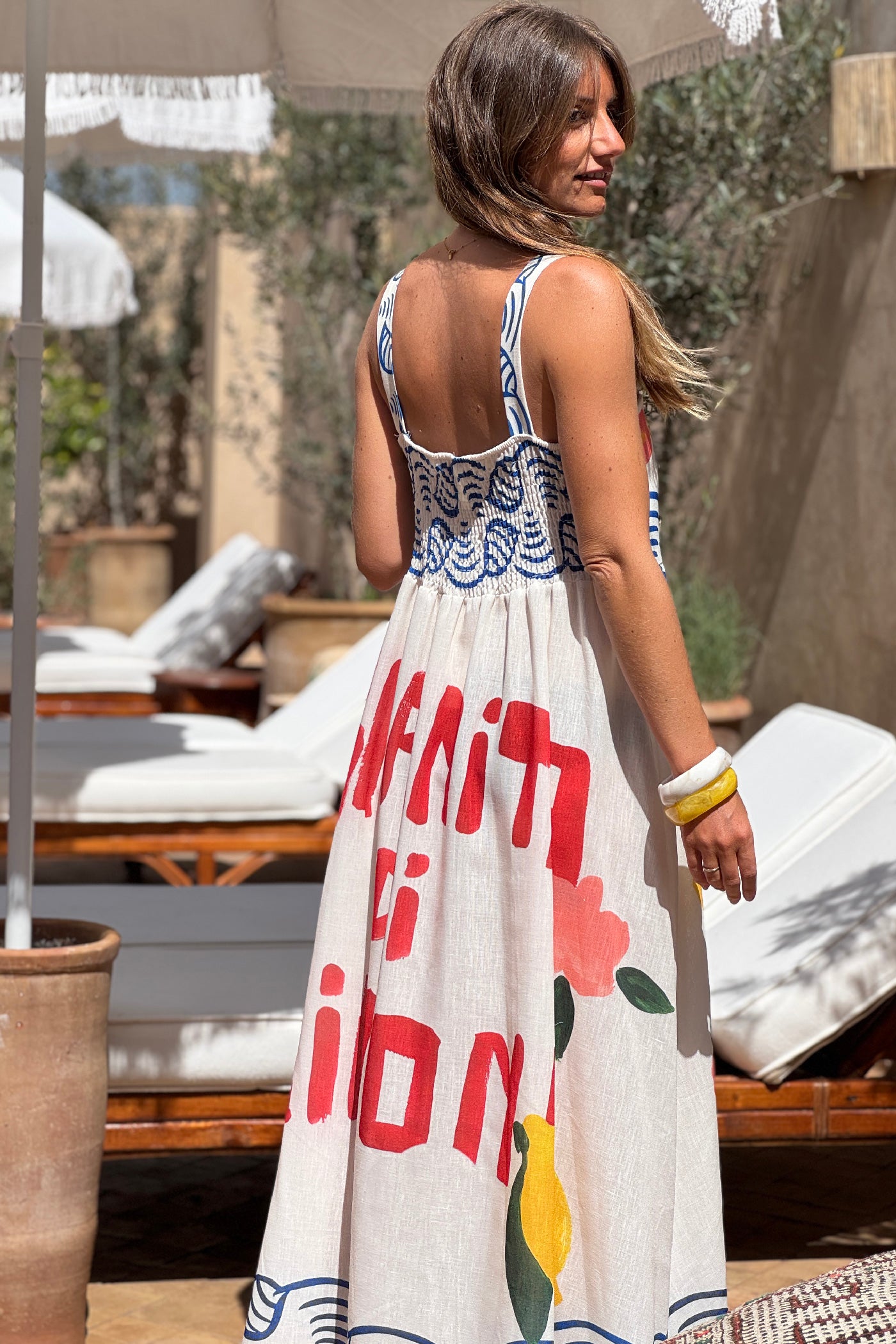 Robe midi à bretelles imprimé coloré homard citron et mandala