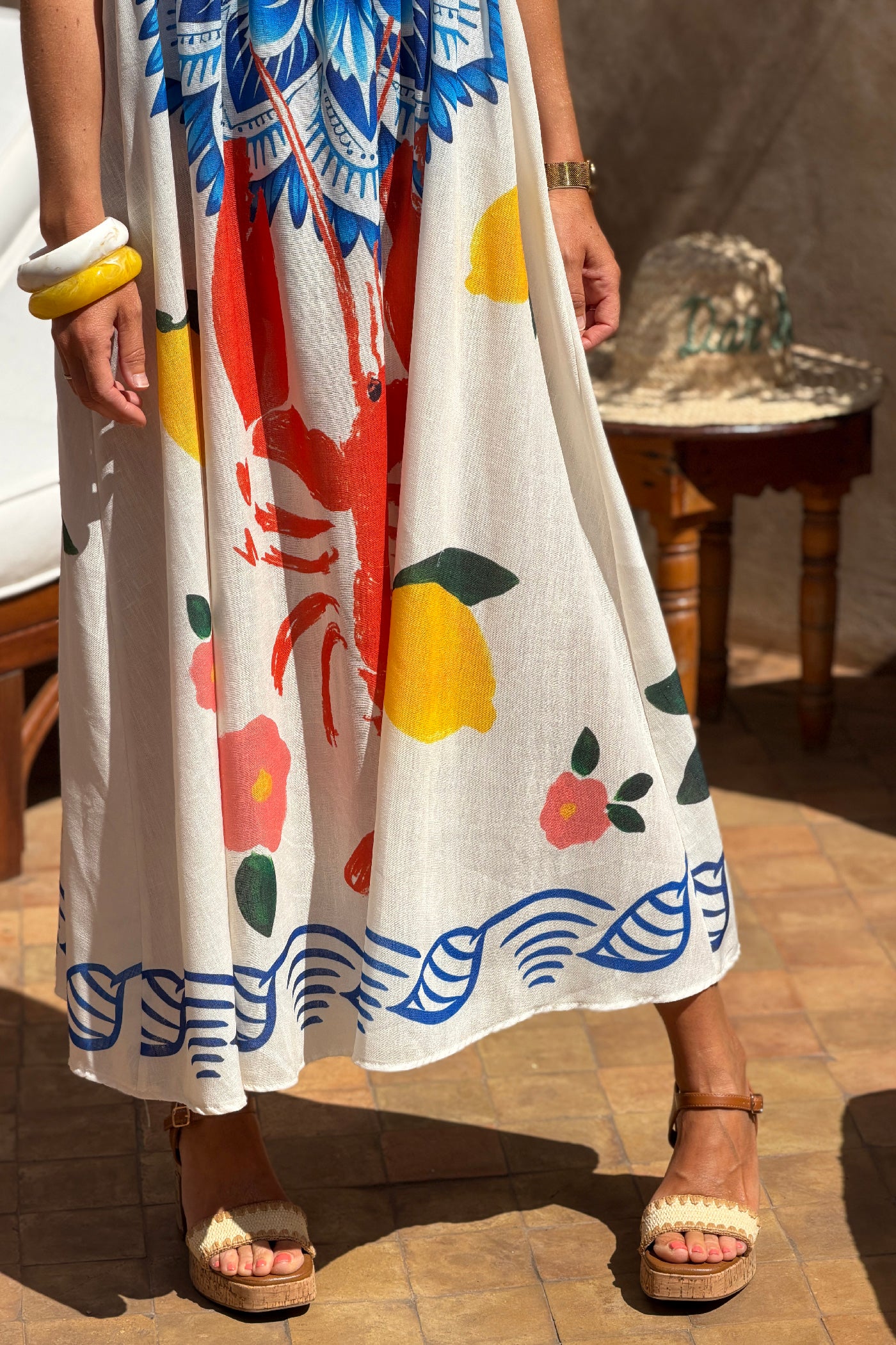 Robe midi à bretelles imprimé coloré homard citron et mandala