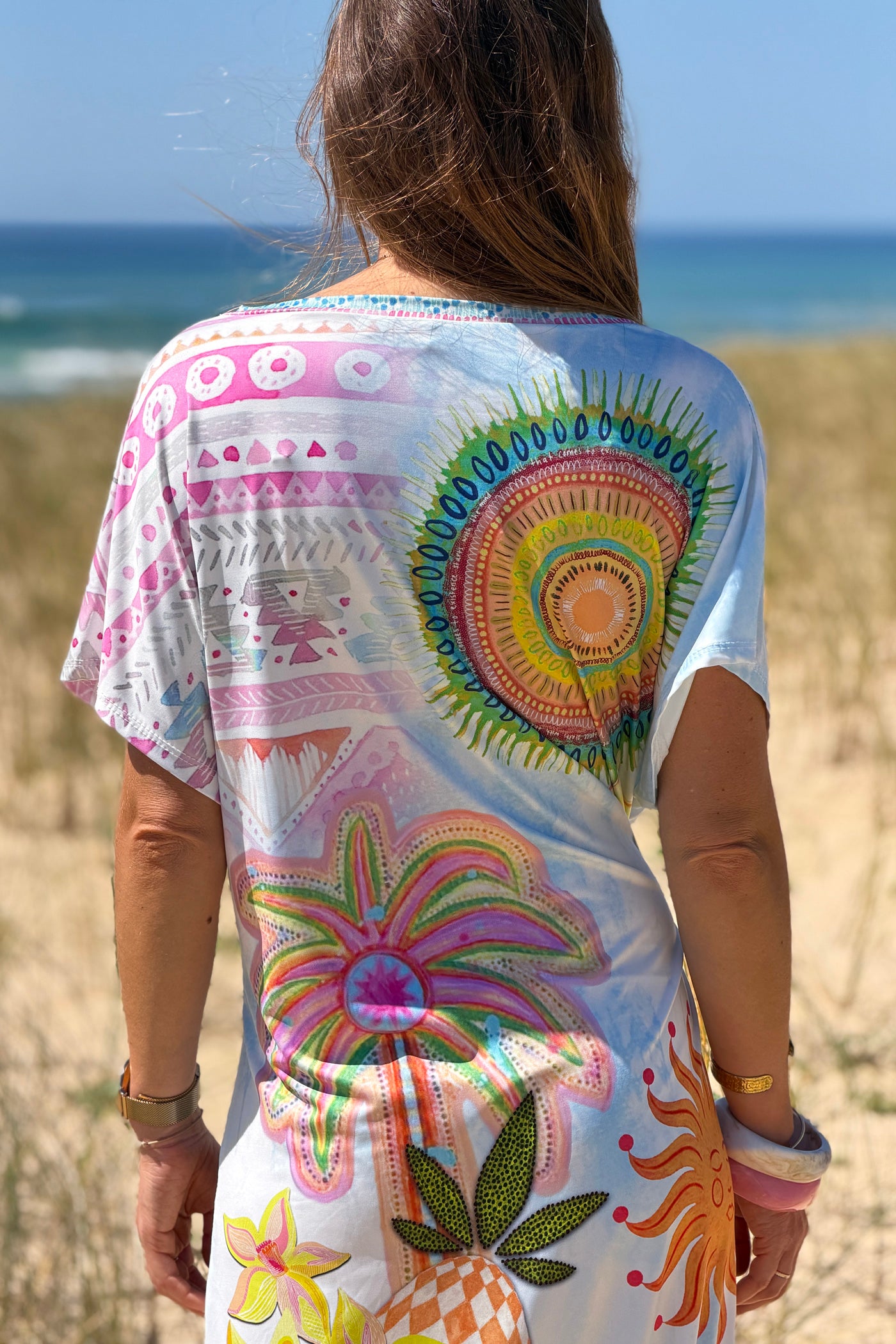 Robe midi stretch style lycra imprimé coloré palmier mandala avec nœud