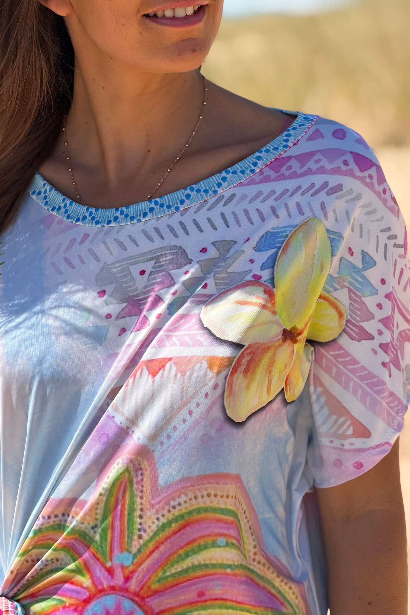 Robe midi stretch style lycra imprimé coloré palmier mandala avec nœud