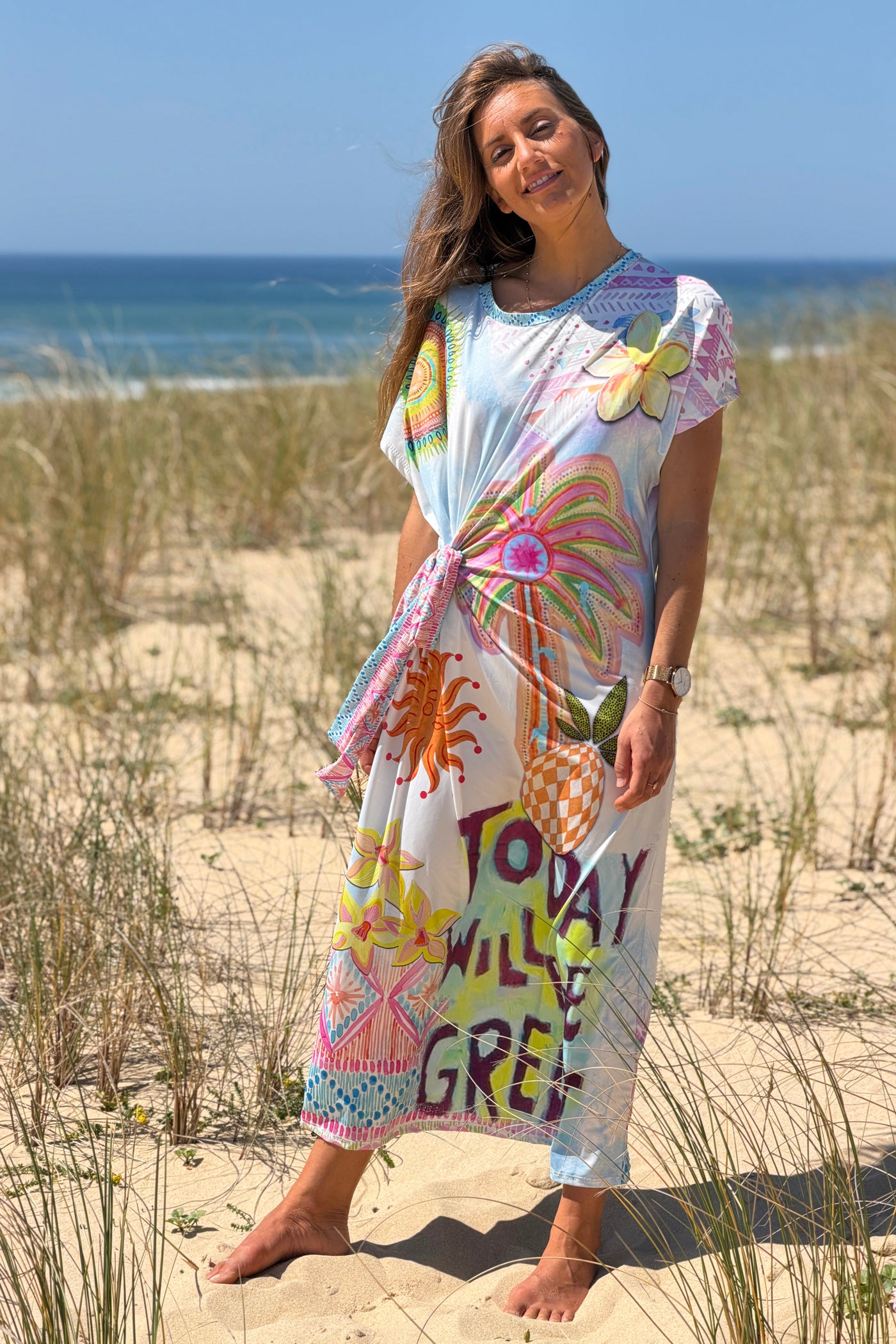 Robe midi stretch style lycra imprimé coloré palmier mandala avec nœud