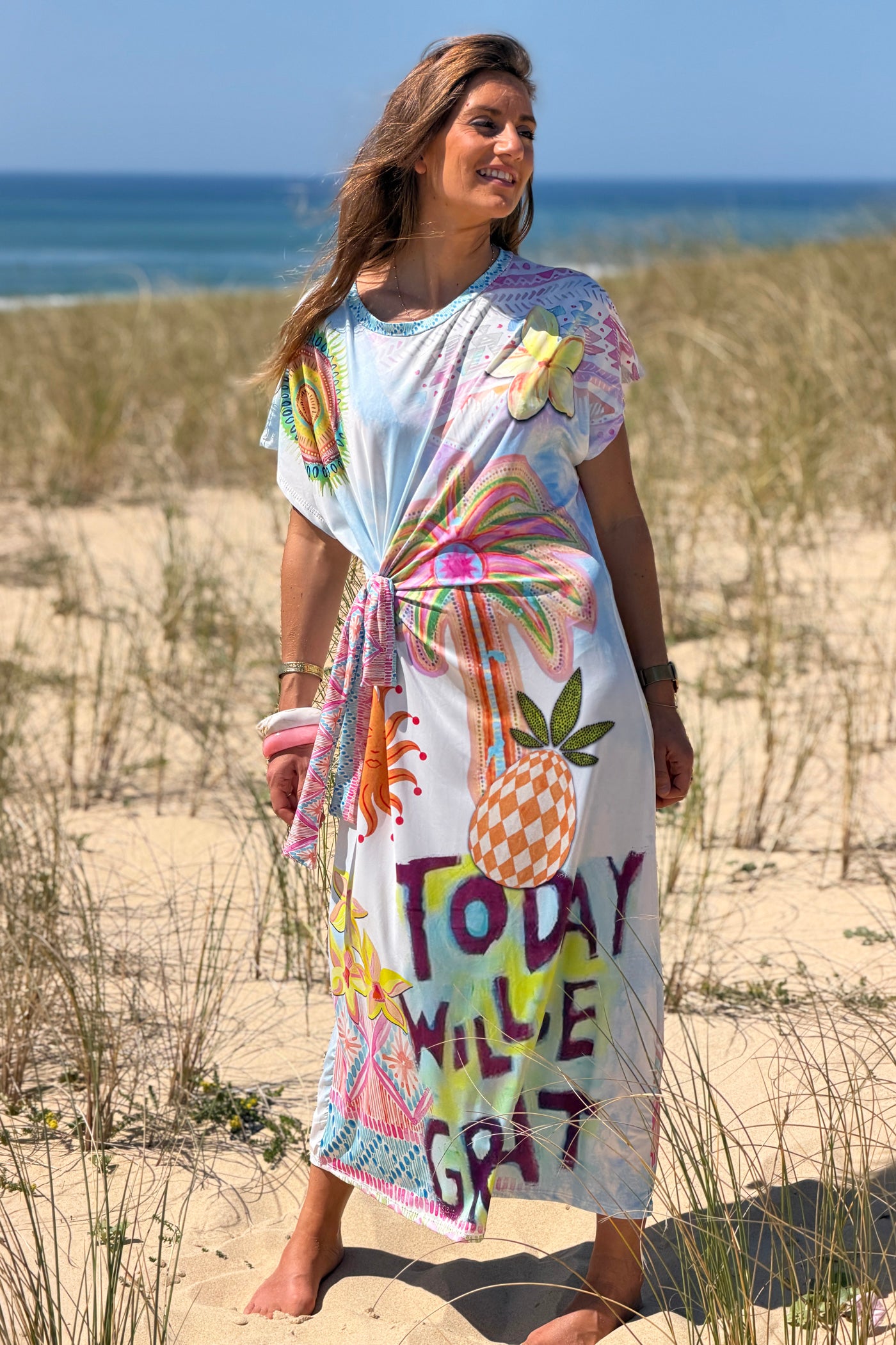 Robe midi stretch style lycra imprimé coloré palmier mandala avec nœud