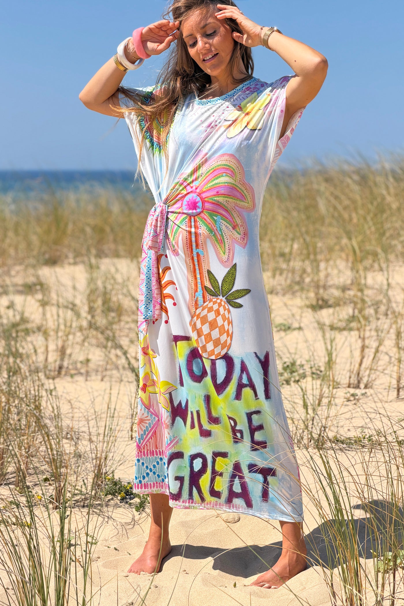 Robe midi stretch style lycra imprimé coloré palmier mandala avec nœud