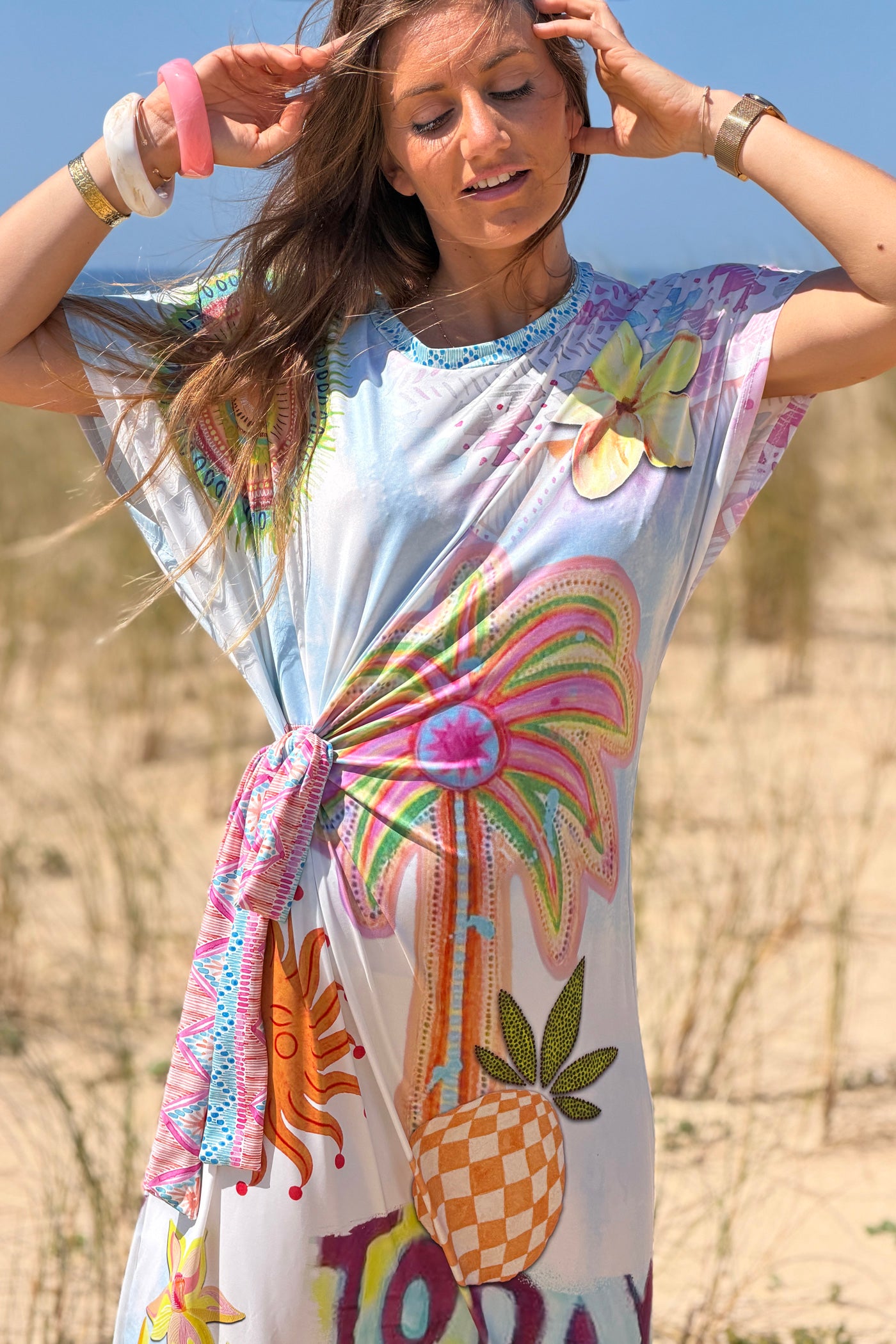 Robe midi stretch style lycra imprimé coloré palmier mandala avec nœud
