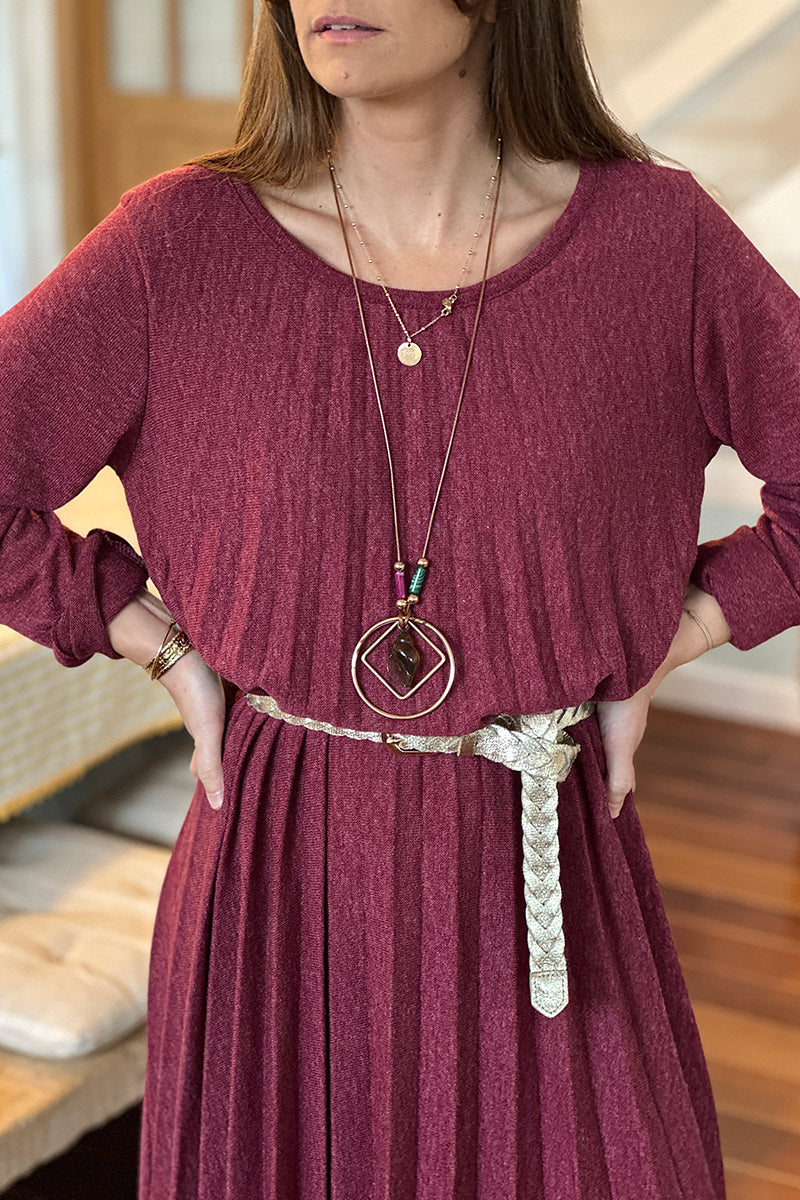 Burgundy Pleated Long-Sleeve Knit Dress with Metallic Woven Belt
