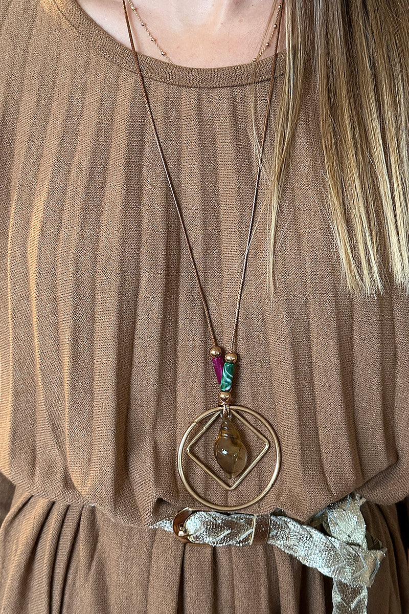 Taupe Pleated Long-Sleeve Knit Dress with Metallic Woven Belt