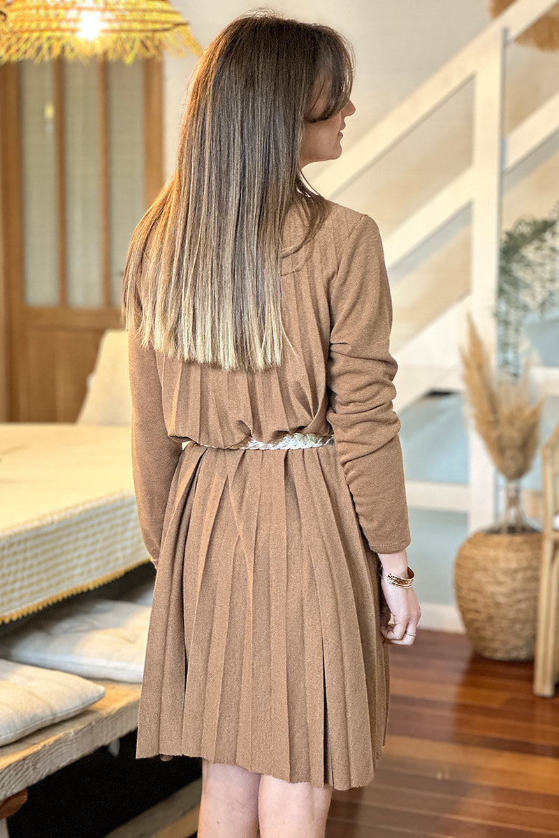 Taupe Pleated Long-Sleeve Knit Dress with Metallic Woven Belt