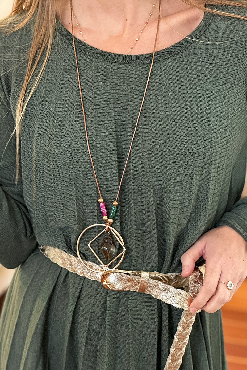 Olive Pleated Long-Sleeve Knit Dress with Metallic Woven Belt