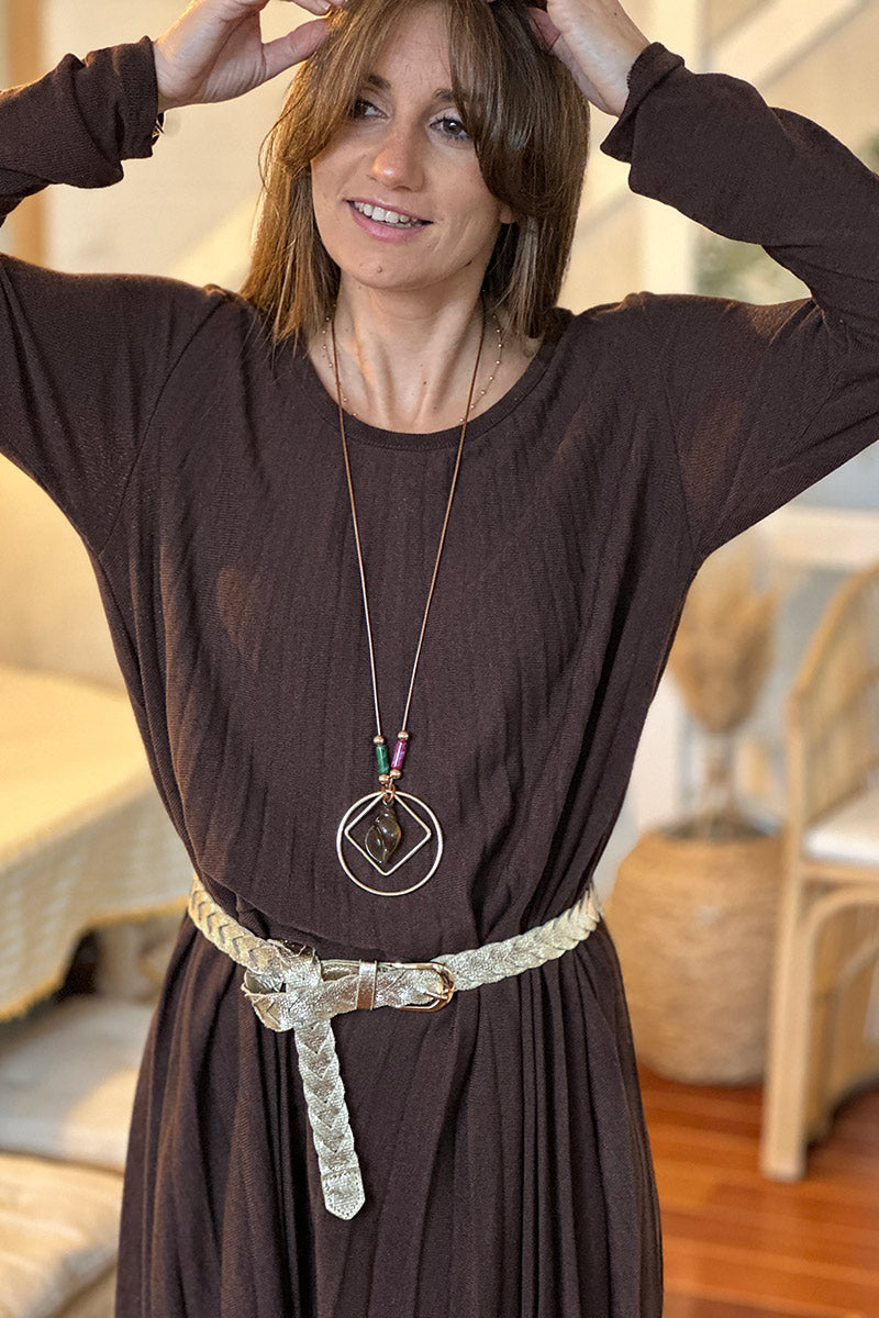 Chocolate Brown Pleated Long-Sleeve Knit Dress with Metallic Woven Belt