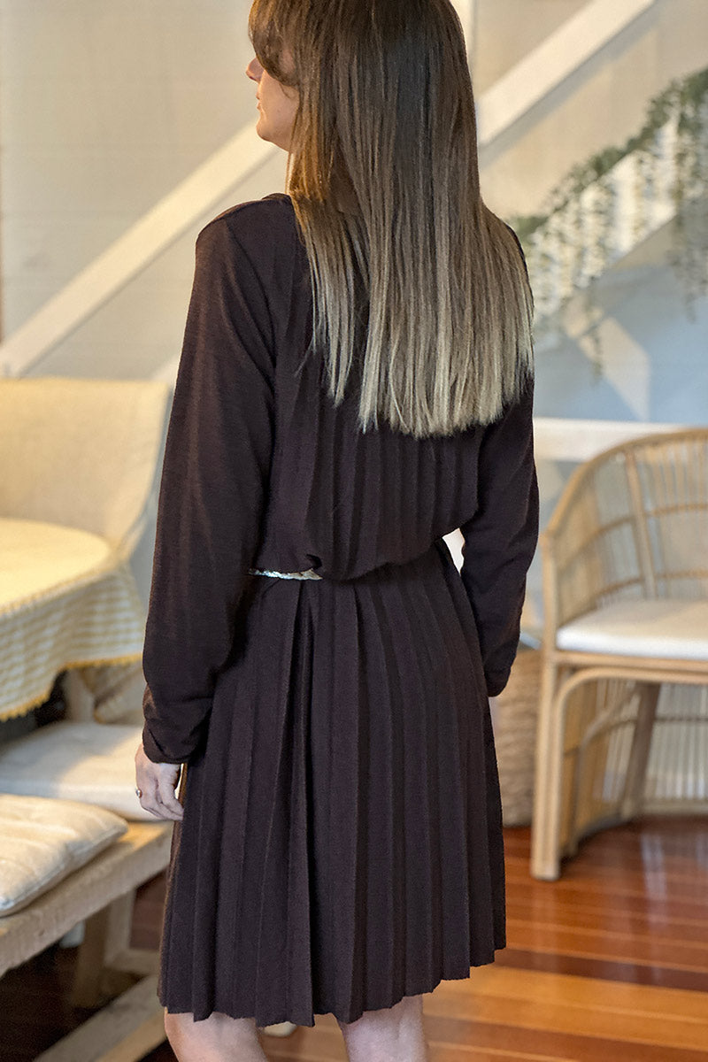 Chocolate Brown Pleated Long-Sleeve Knit Dress with Metallic Woven Belt