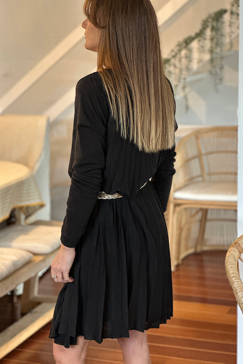 Black Pleated Long-Sleeve Knit Dress with Metallic Woven Belt