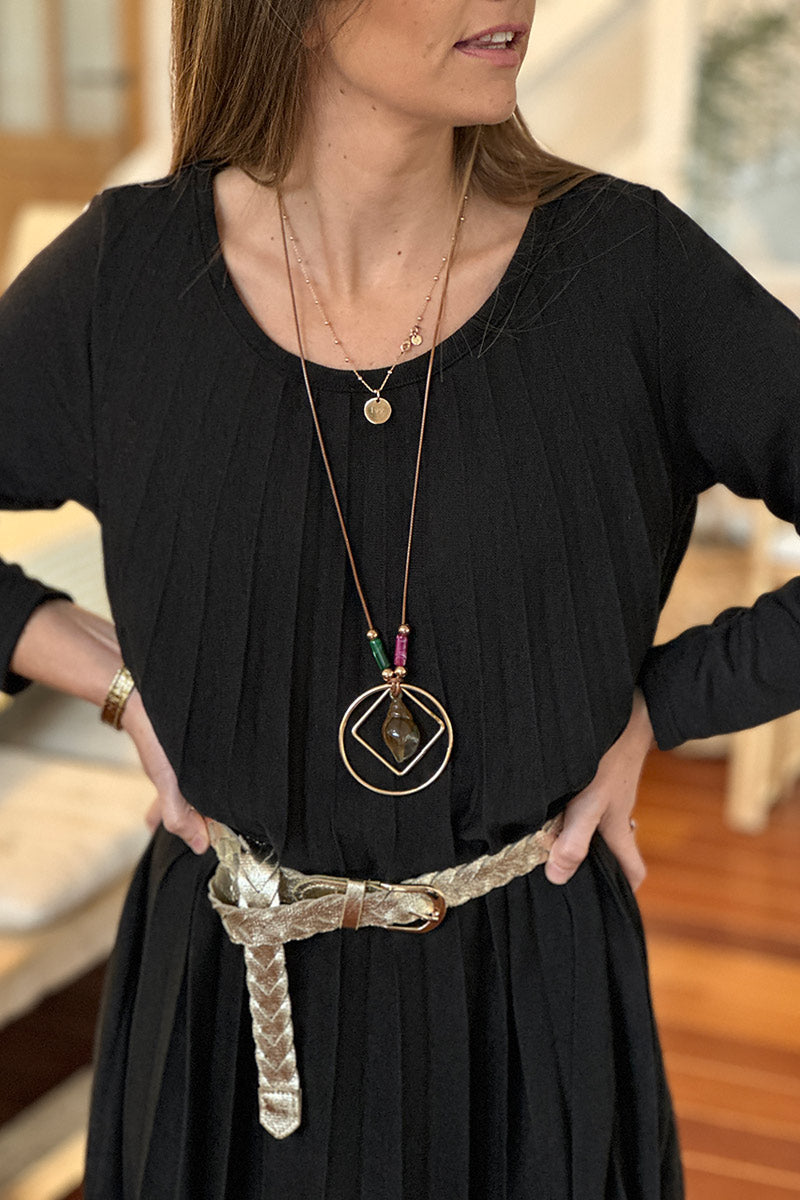 Black Pleated Long-Sleeve Knit Dress with Metallic Woven Belt