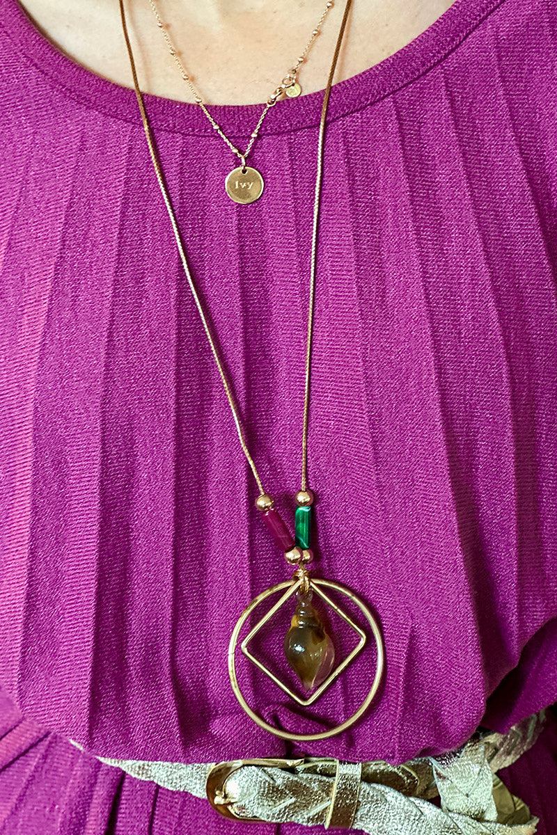 Aubergine Pleated Long-Sleeve Knit Dress with Metallic Woven Belt