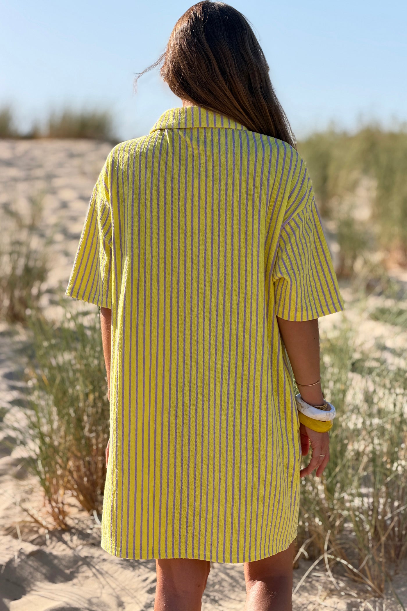 Yellow Striped Terry Knit Collared Beach Tunic
