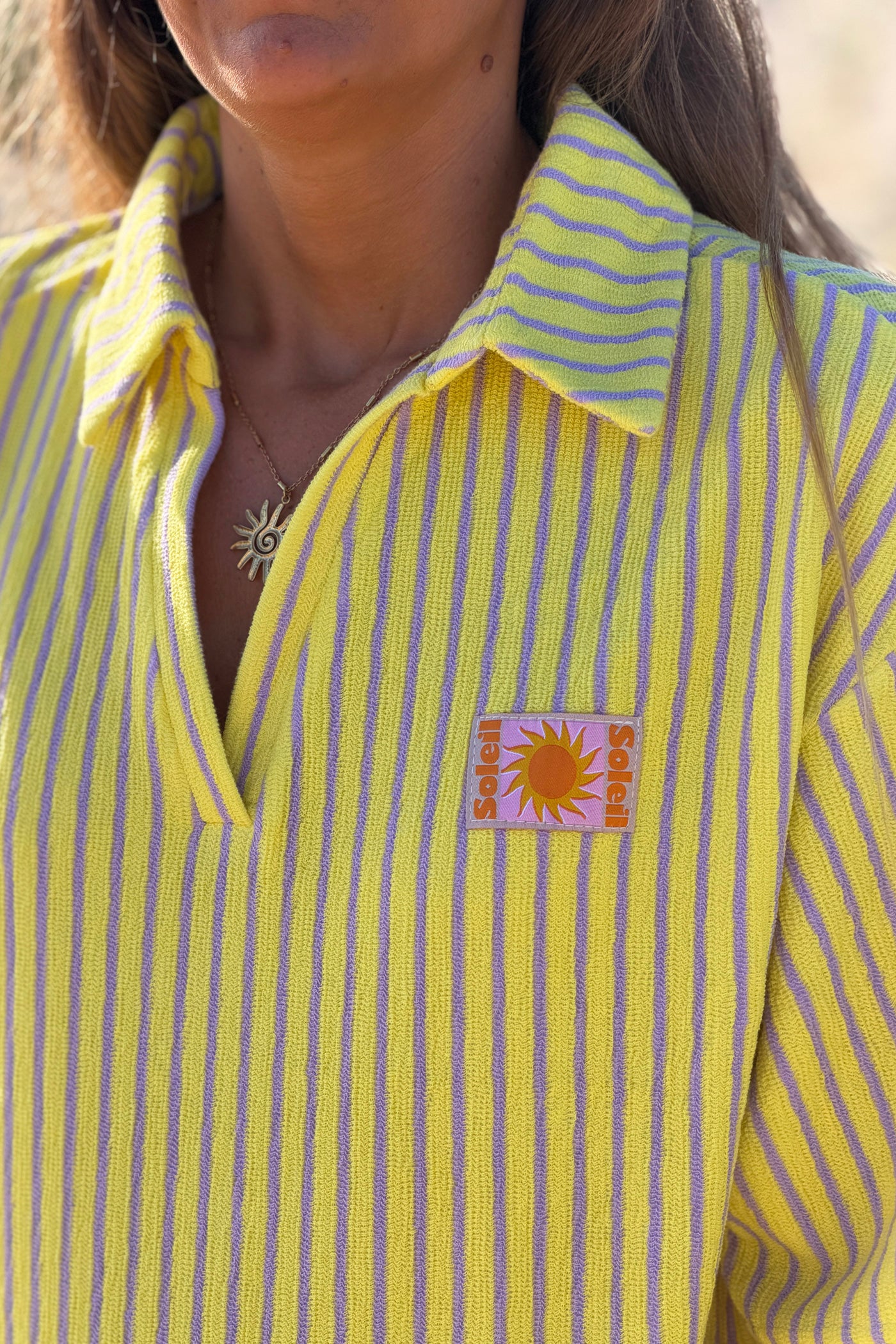 Yellow Striped Terry Knit Collared Beach Tunic
