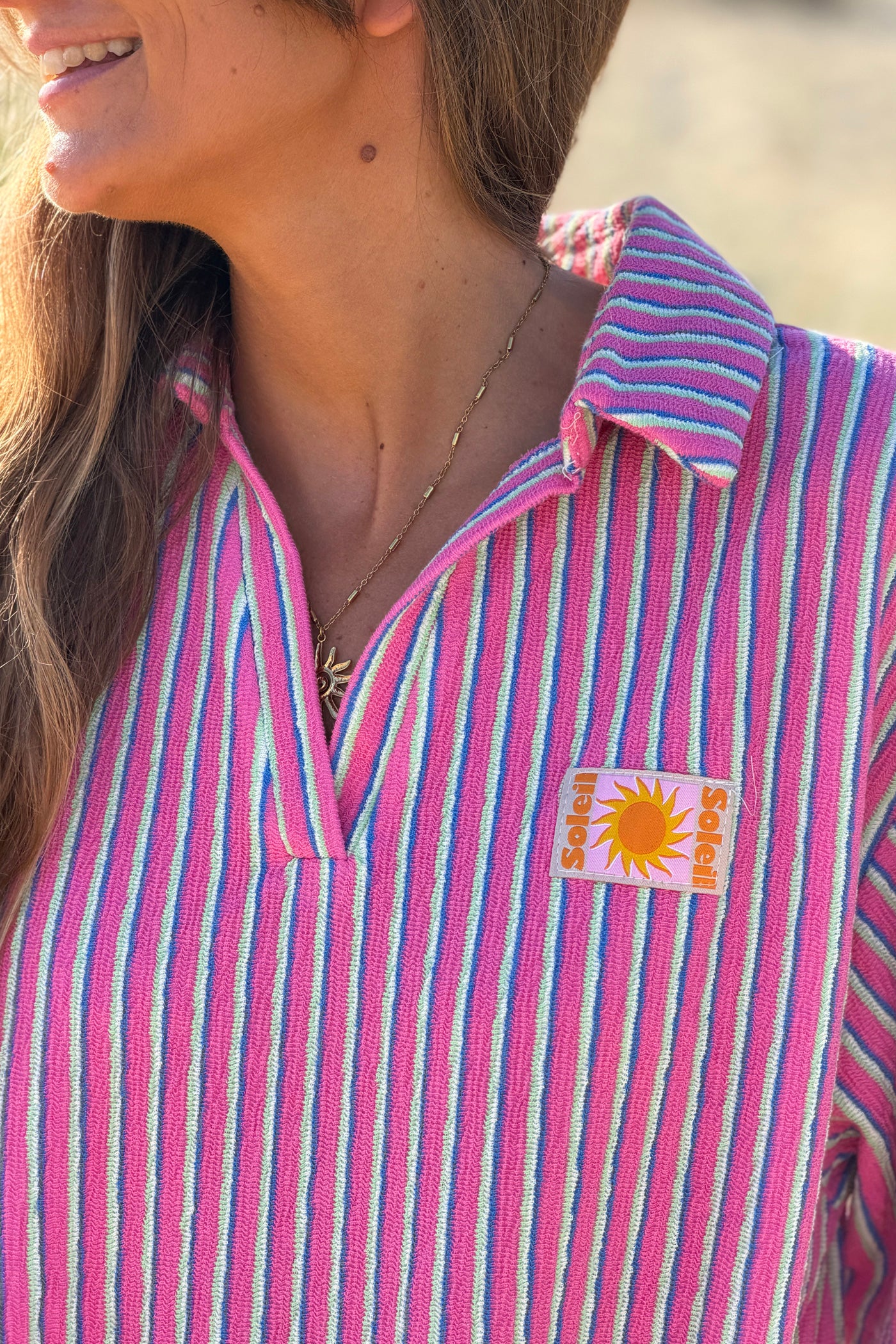 Pink Striped Terry Knit Collared Beach Tunic
