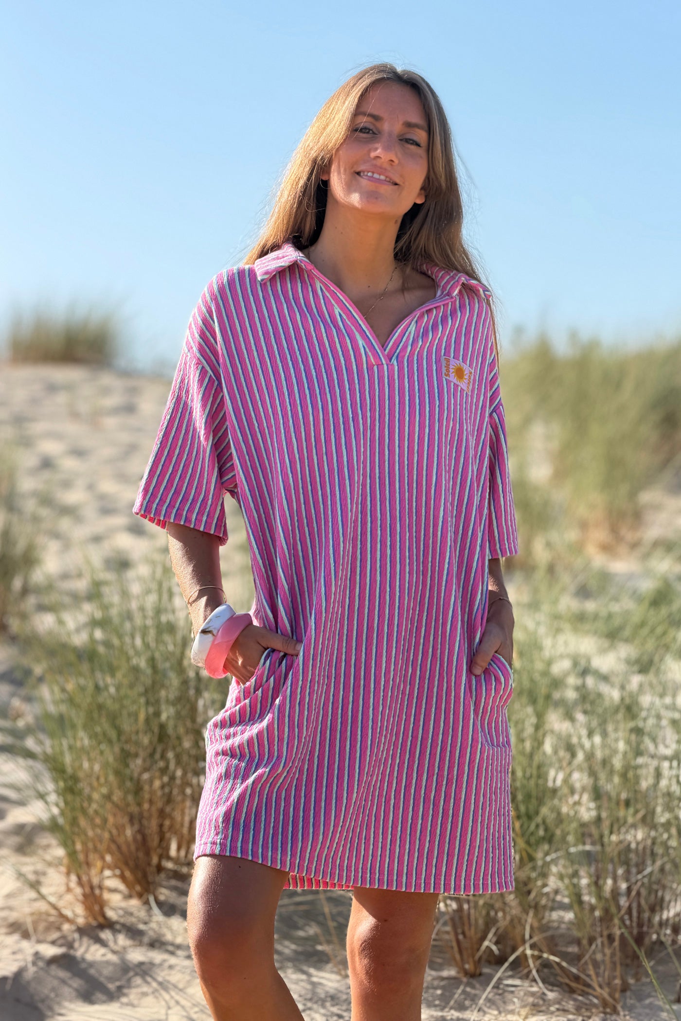 Pink Striped Terry Knit Collared Beach Tunic
