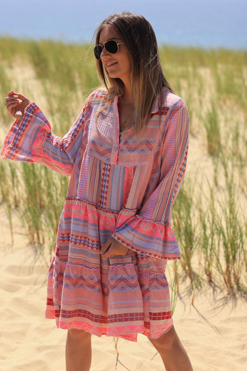 Pink frilled cotton dress with woven aztec print