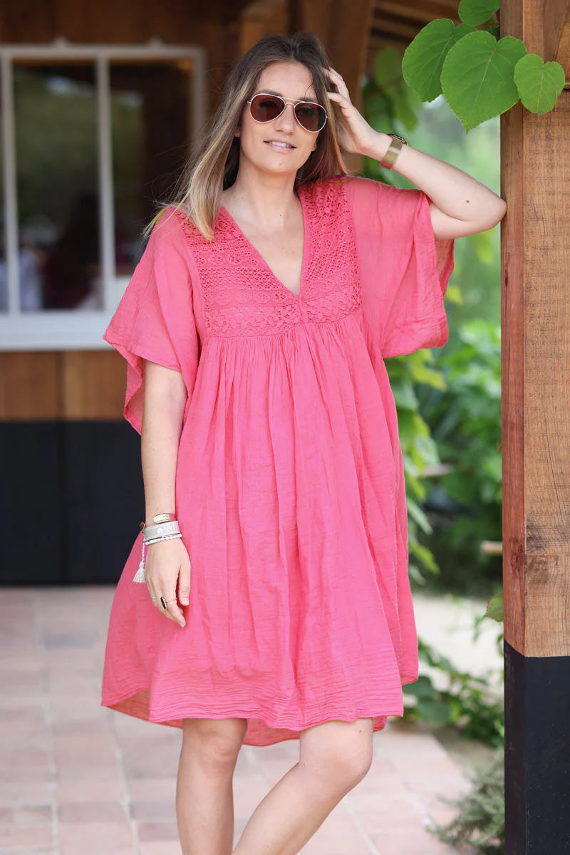 Fuchsia floaty cotton dress with lace top