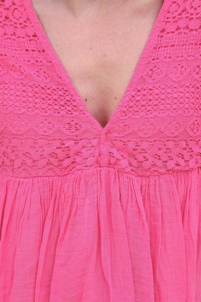 Fuchsia floaty cotton dress with lace top