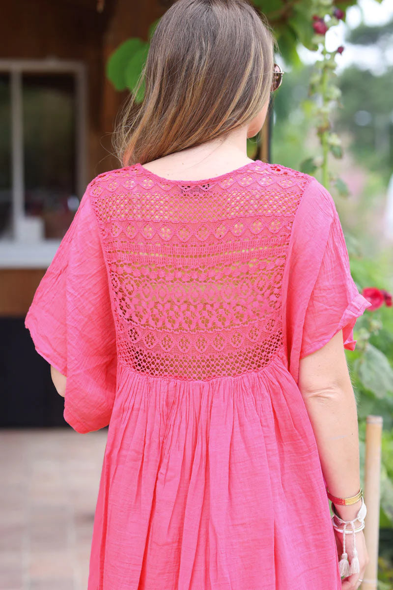 Fuchsia floaty cotton dress with lace top