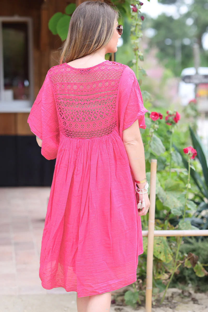 Fuchsia floaty cotton dress with lace top