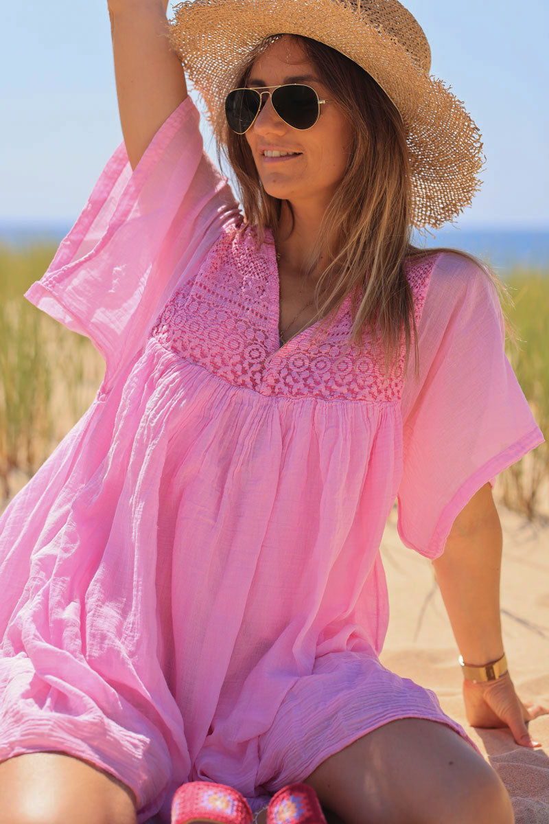 Pink floaty cotton dress with lace top
