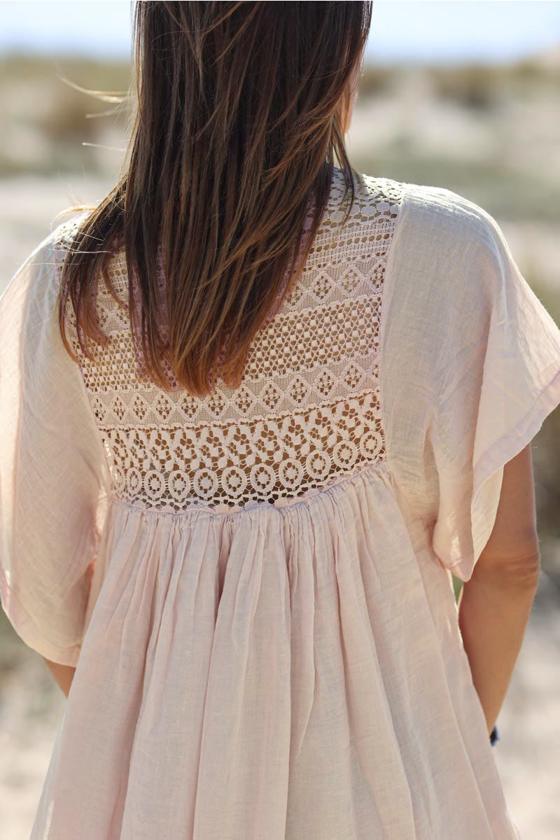 Powder pink floaty cotton dress with lace top