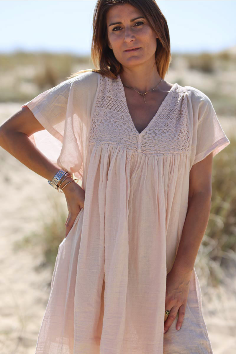 Powder pink floaty cotton dress with lace top