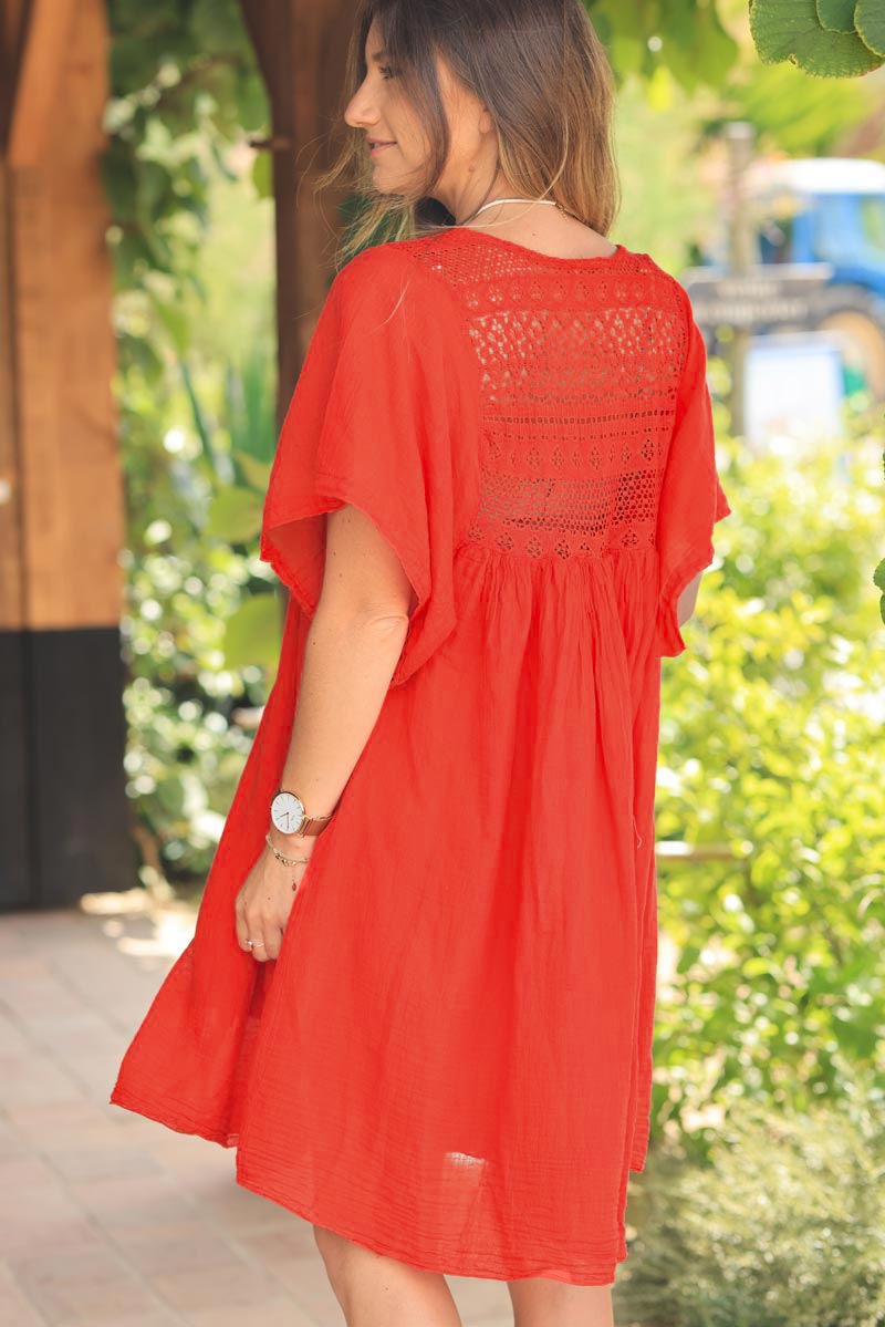 Red floaty cotton dress with lace top