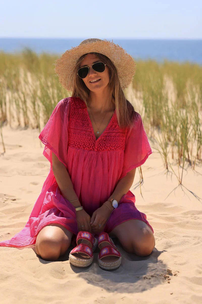 Raspberry Floaty Cotton Dress with Lace Top