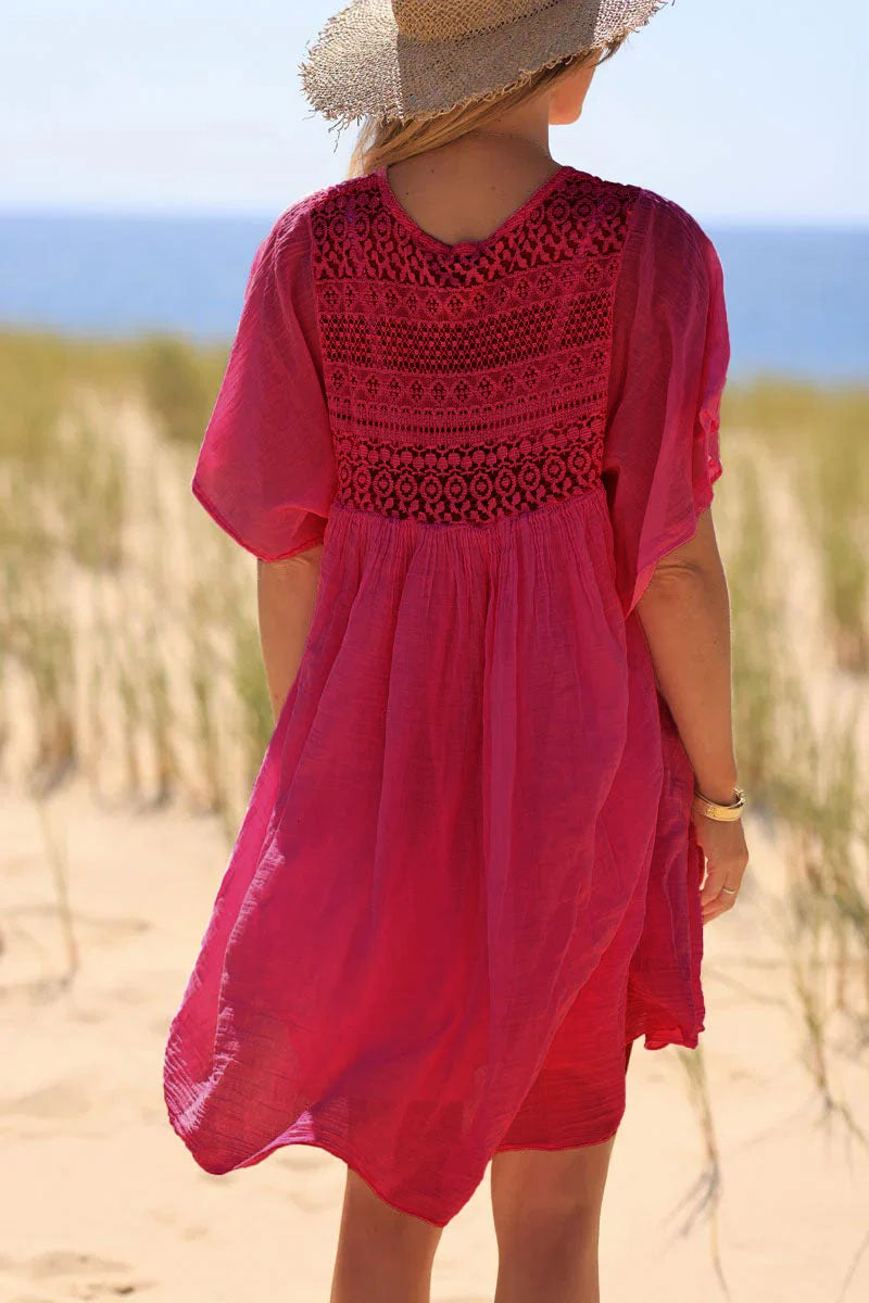 Raspberry Floaty Cotton Dress with Lace Top