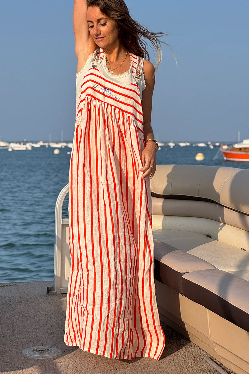 Robe salopette en lin rayures oranges bretelles brodées El Sol Brilla