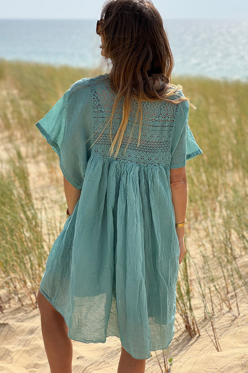 Robe sauge légère voile de coton haut dentelle
