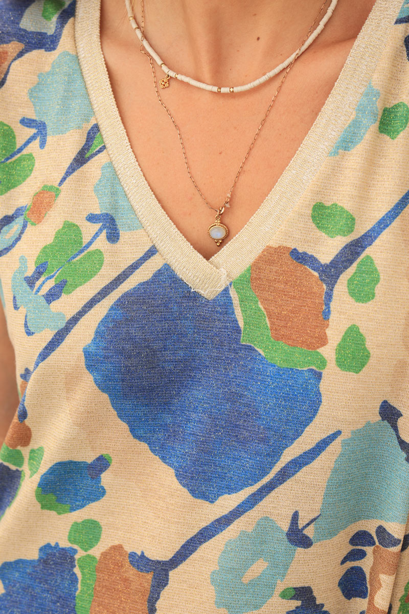 Robe t-shirt longue beige brillante motifs fleurs en aquarelle bleu roi col v