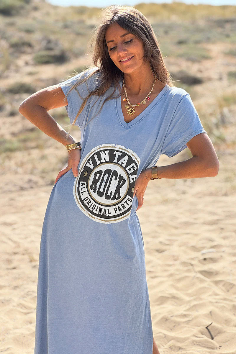 Light Blue Vintage Rock V-Neck T-Shirt Dress