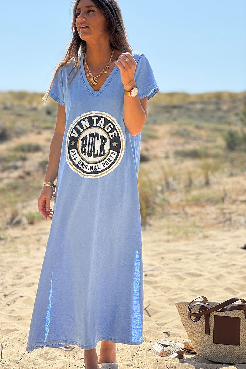 Light Blue Vintage Rock V-Neck T-Shirt Dress