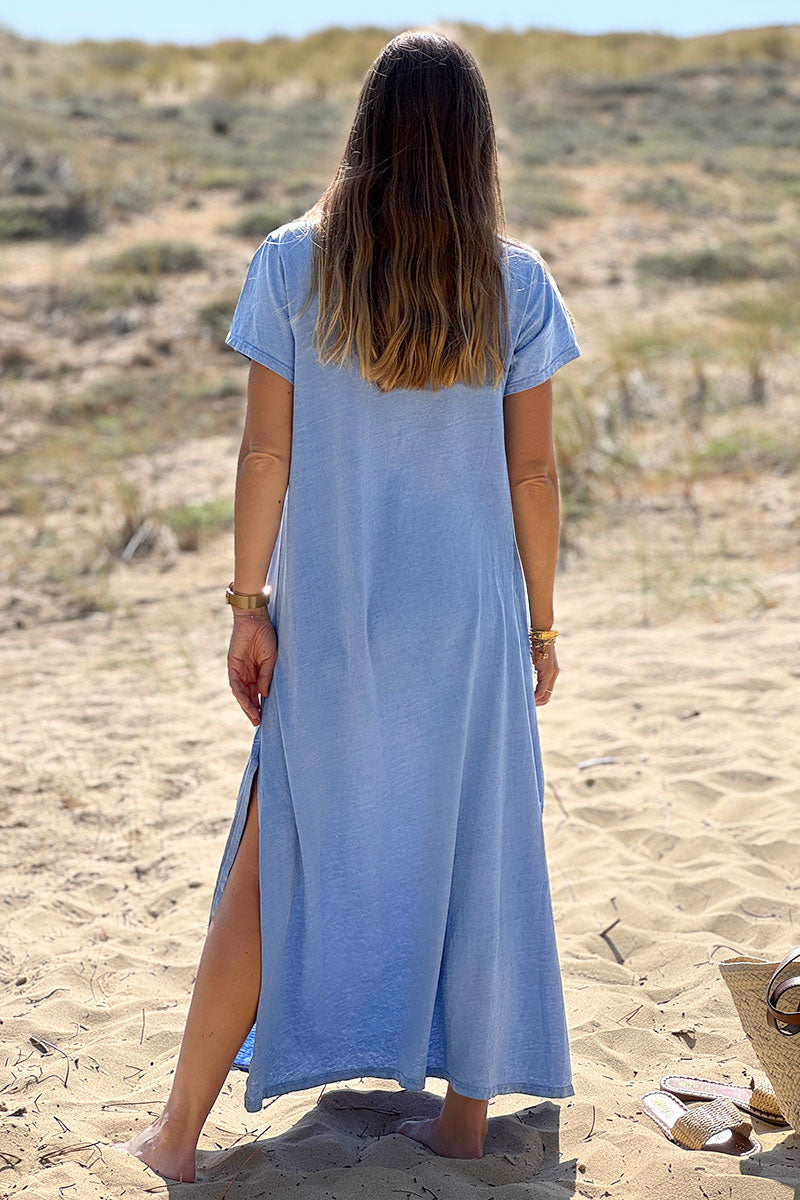 Light Blue Vintage Rock V-Neck T-Shirt Dress