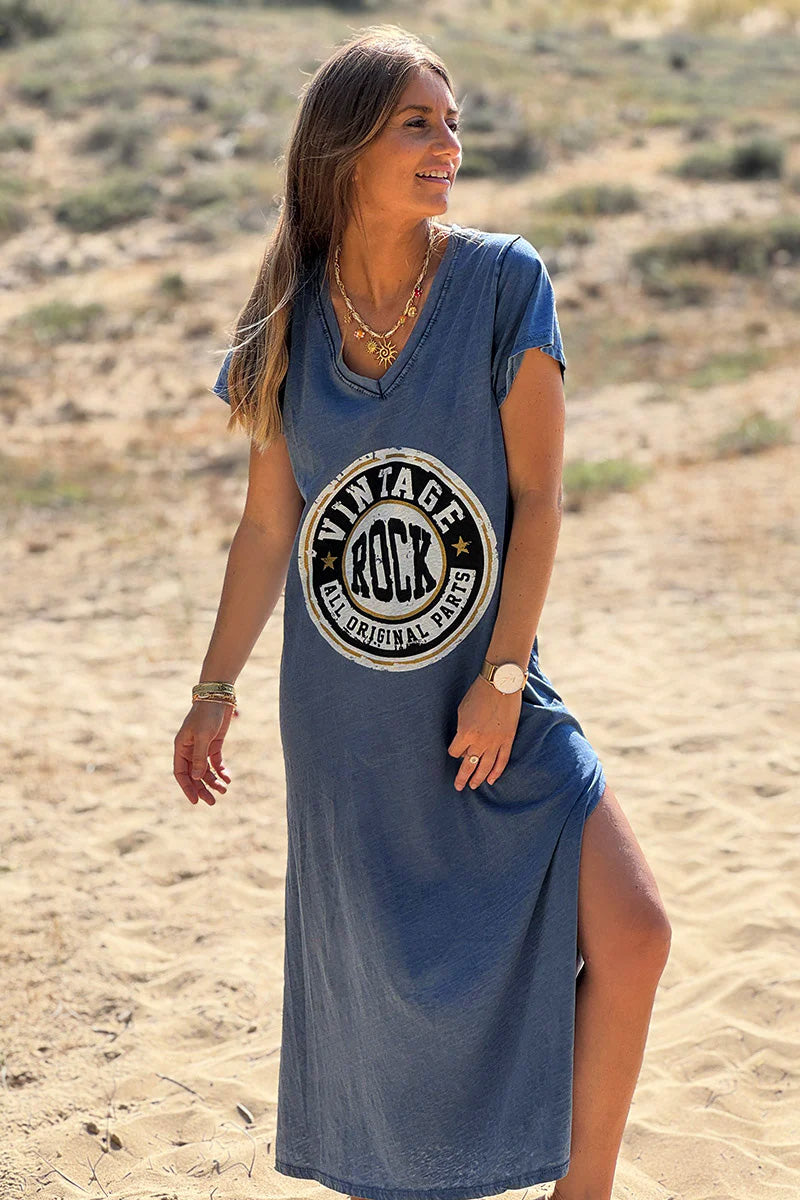 Robe T-shirt longue bleu marine délavé logo vintage rock col V
