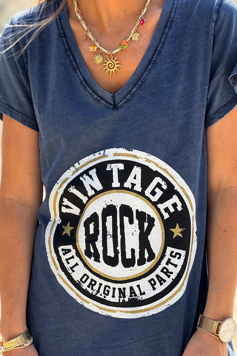 Robe T-shirt longue bleu marine délavé logo vintage rock col V