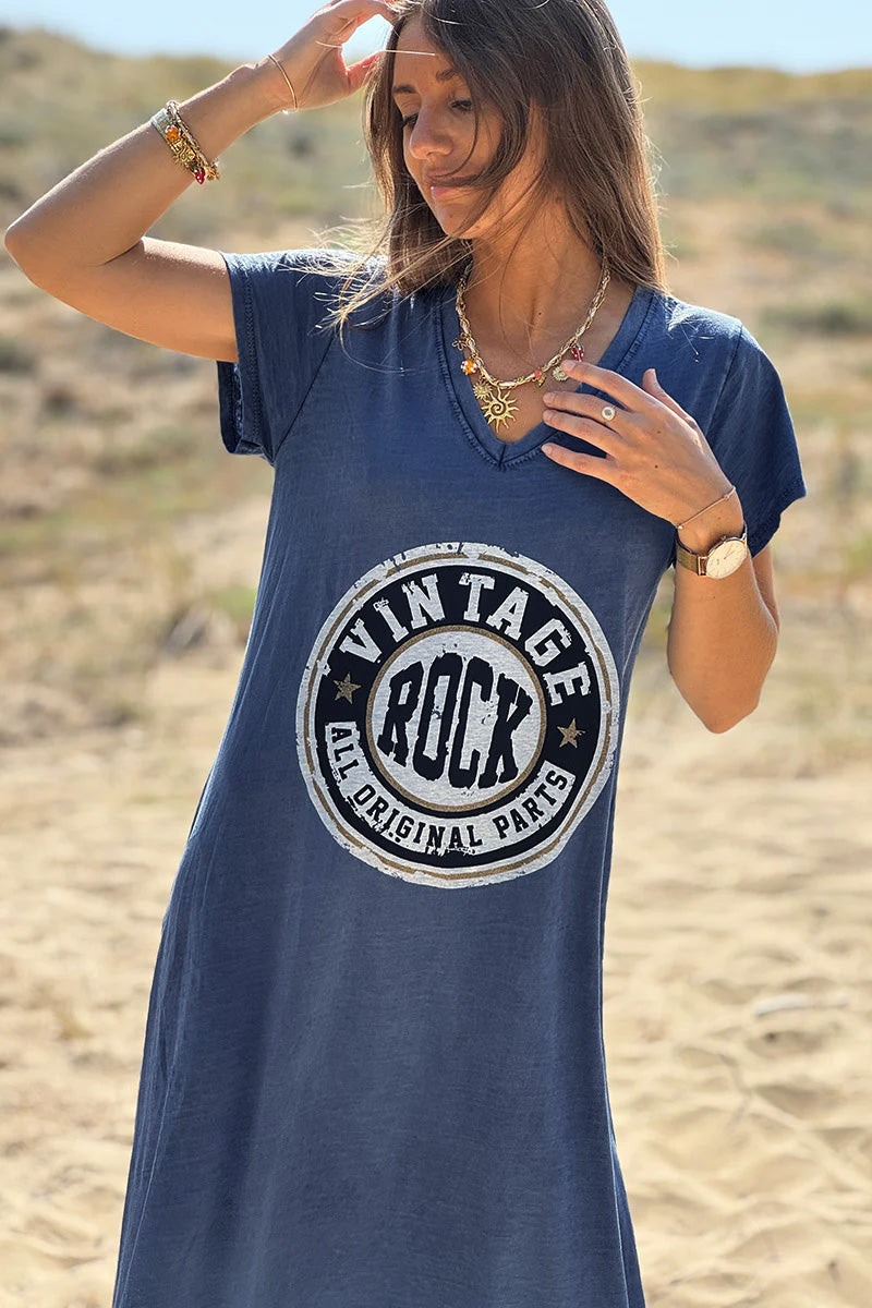 Robe T-shirt longue bleu marine délavé logo vintage rock col V