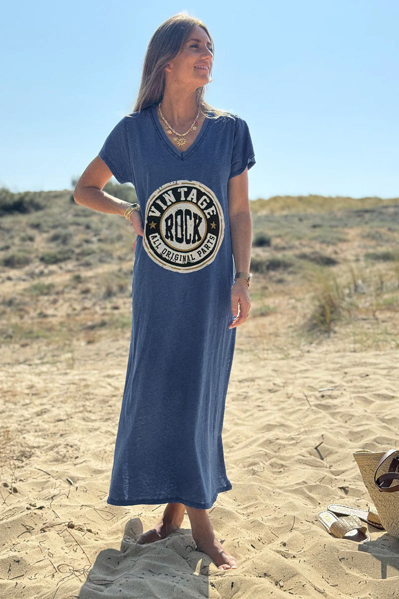 Robe T-shirt longue bleu marine délavé logo vintage rock col V