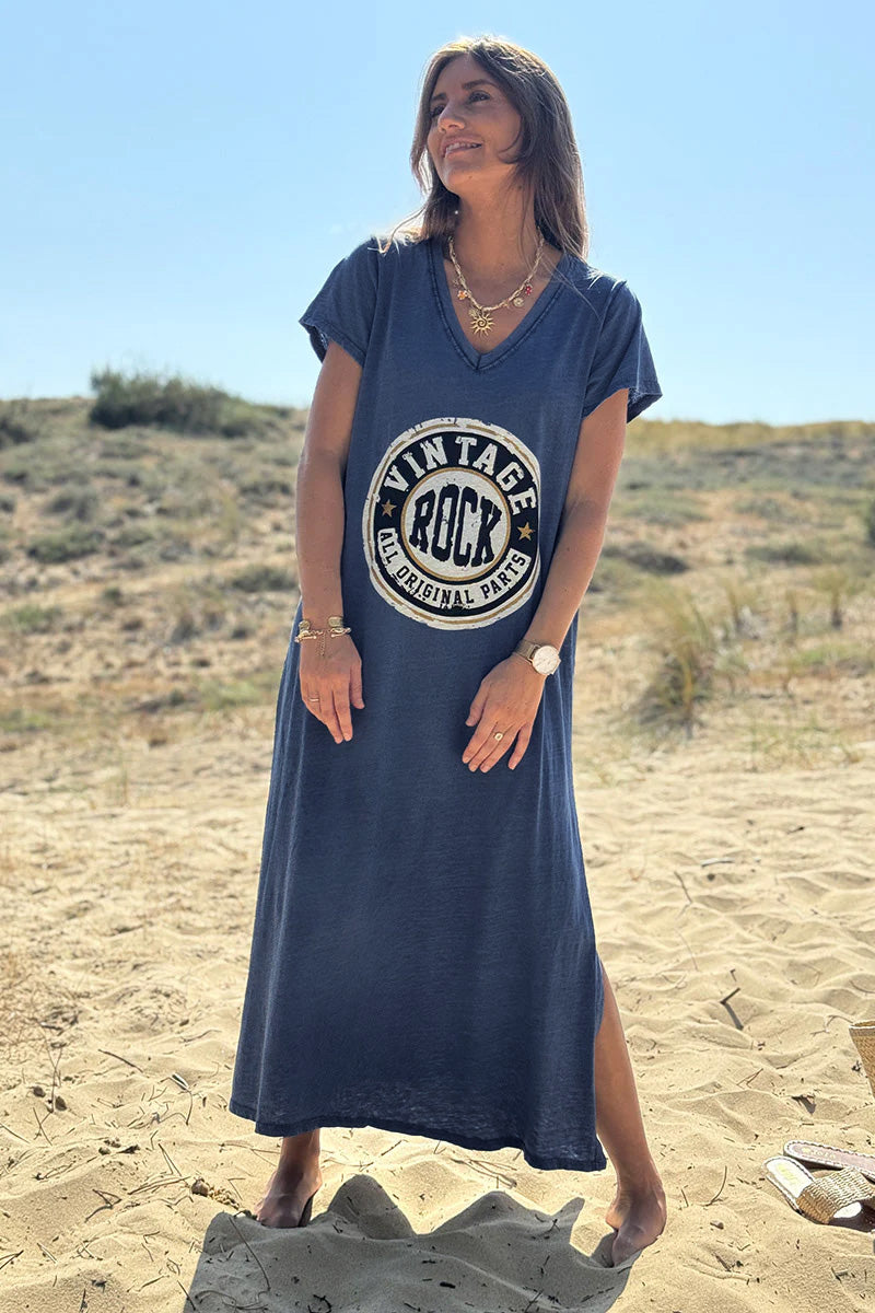 Robe T-shirt longue bleu marine délavé logo vintage rock col V