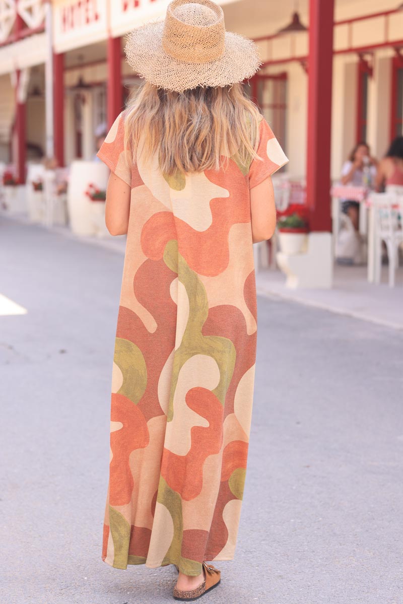 Gold glitter maxi t-shirt dress with terracotta abstract paint print